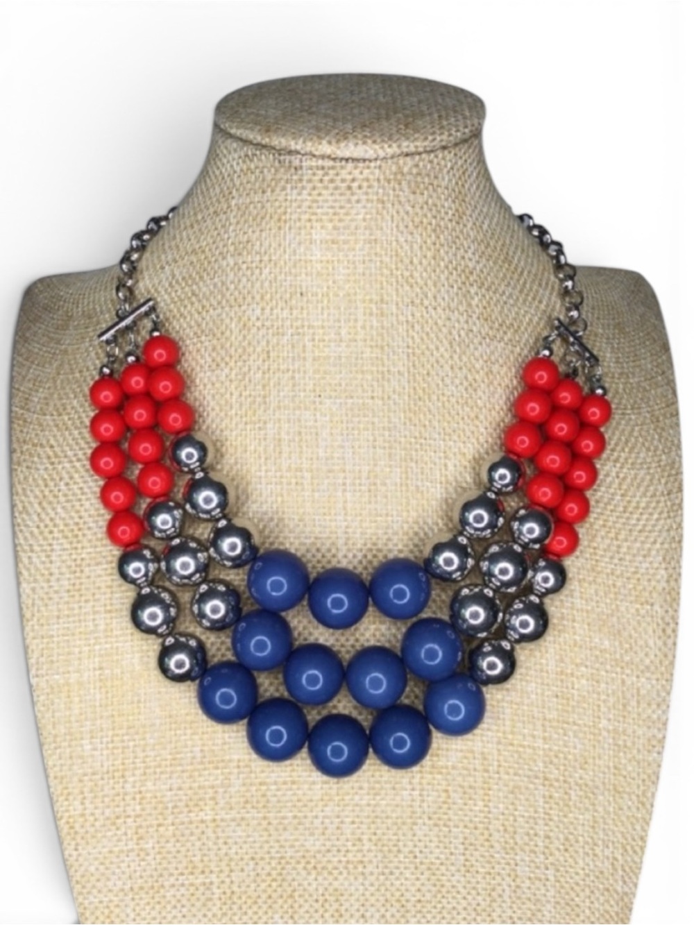 Triple‑Strand Red, Silver & Navy Patriotic Beaded Statement Necklace - Picture 6 of 12